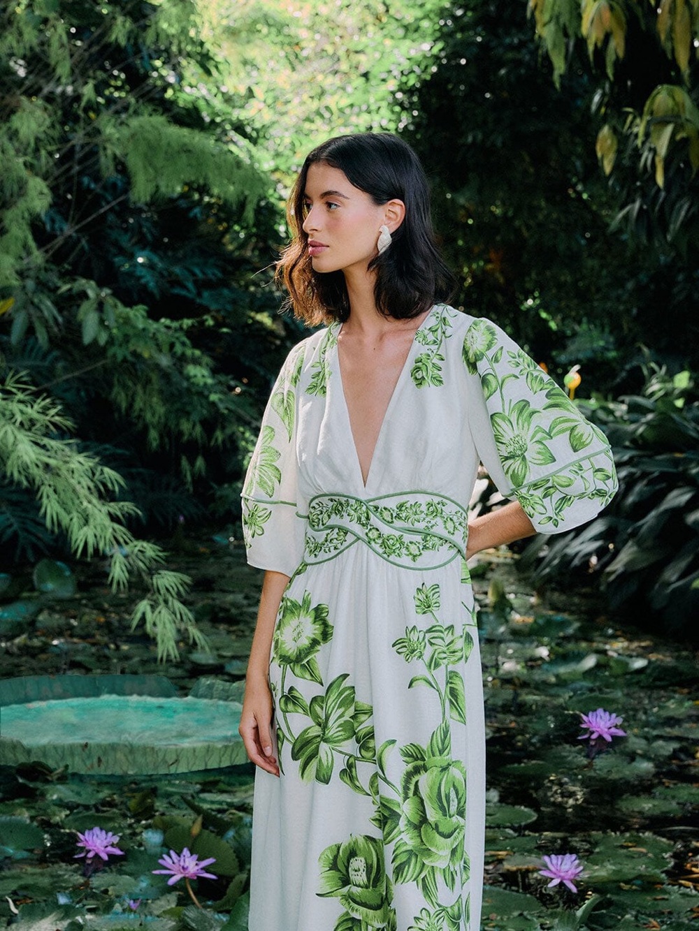 NWOT Farm Rio Off-White Green Floral Cascade Midi Dress XL - Picture 2 of 16